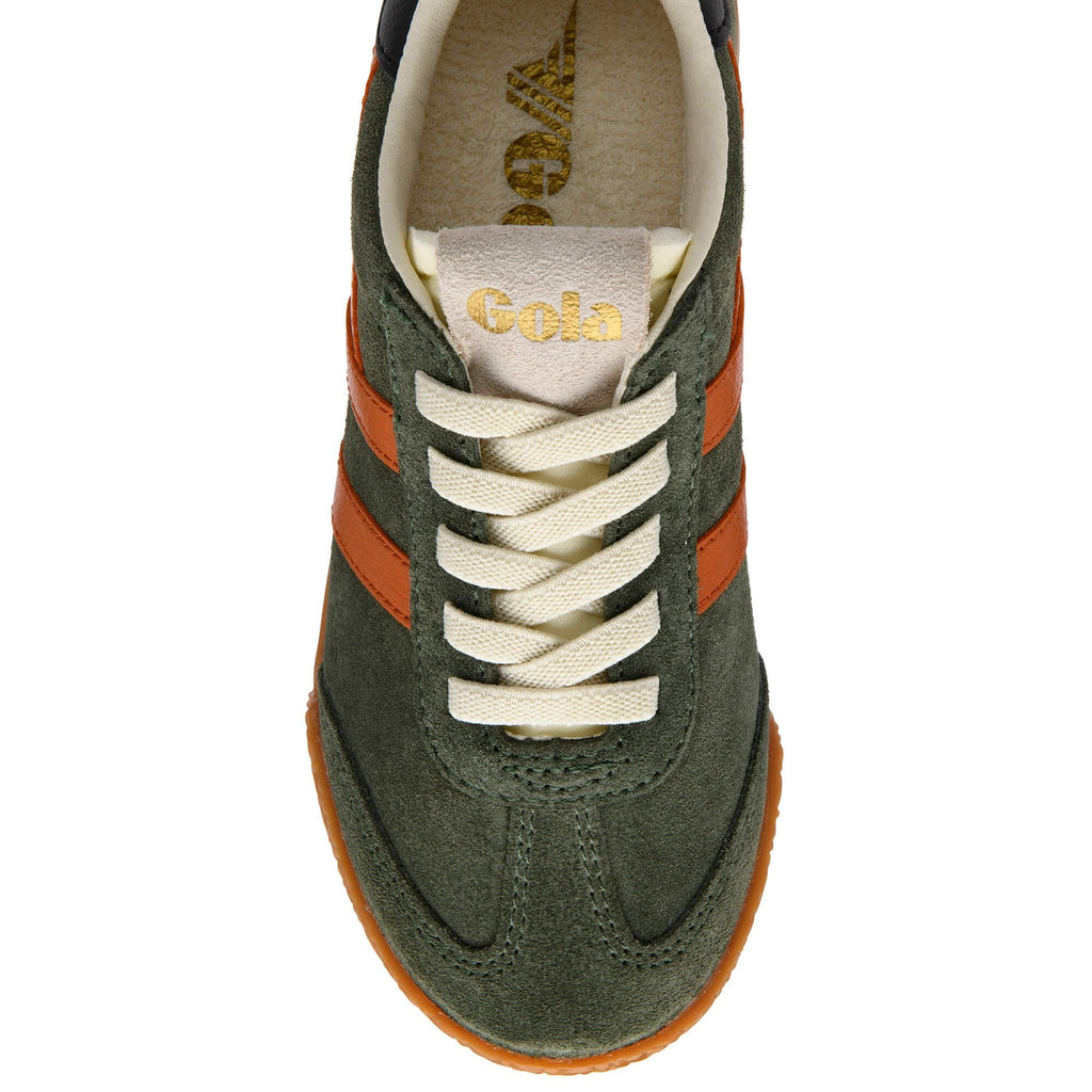 Green Gola trainer with orange stripes and white laces on a white background