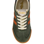 Green Gola trainer with orange stripes and white laces on a white background