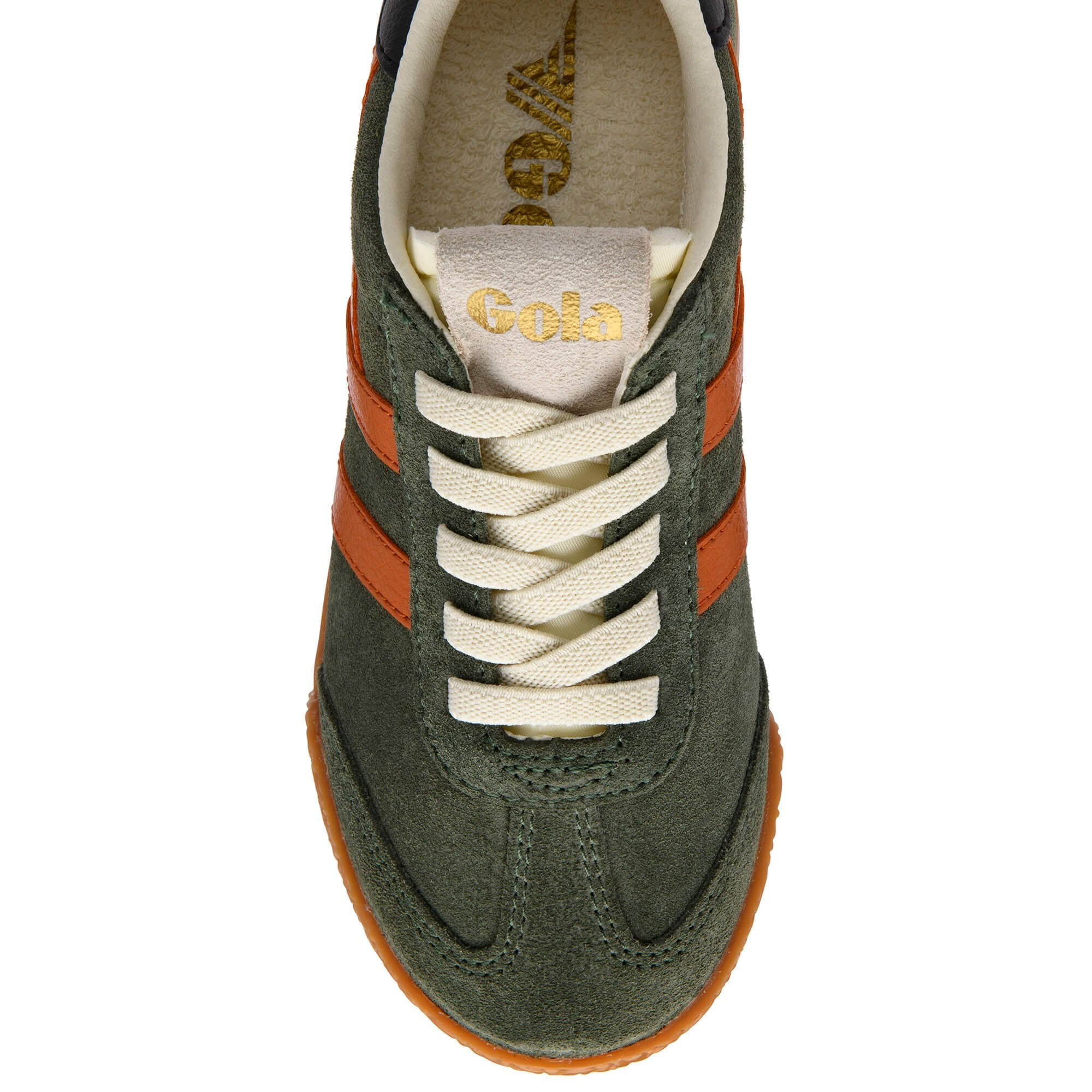 Green Gola trainer with orange stripes and white laces on a white background