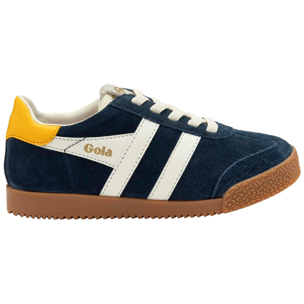 Navy blue Gola trainer with white stripes and yellow accents on a white background