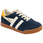 Navy blue Gola trainer with white accents and yellow details on a white background