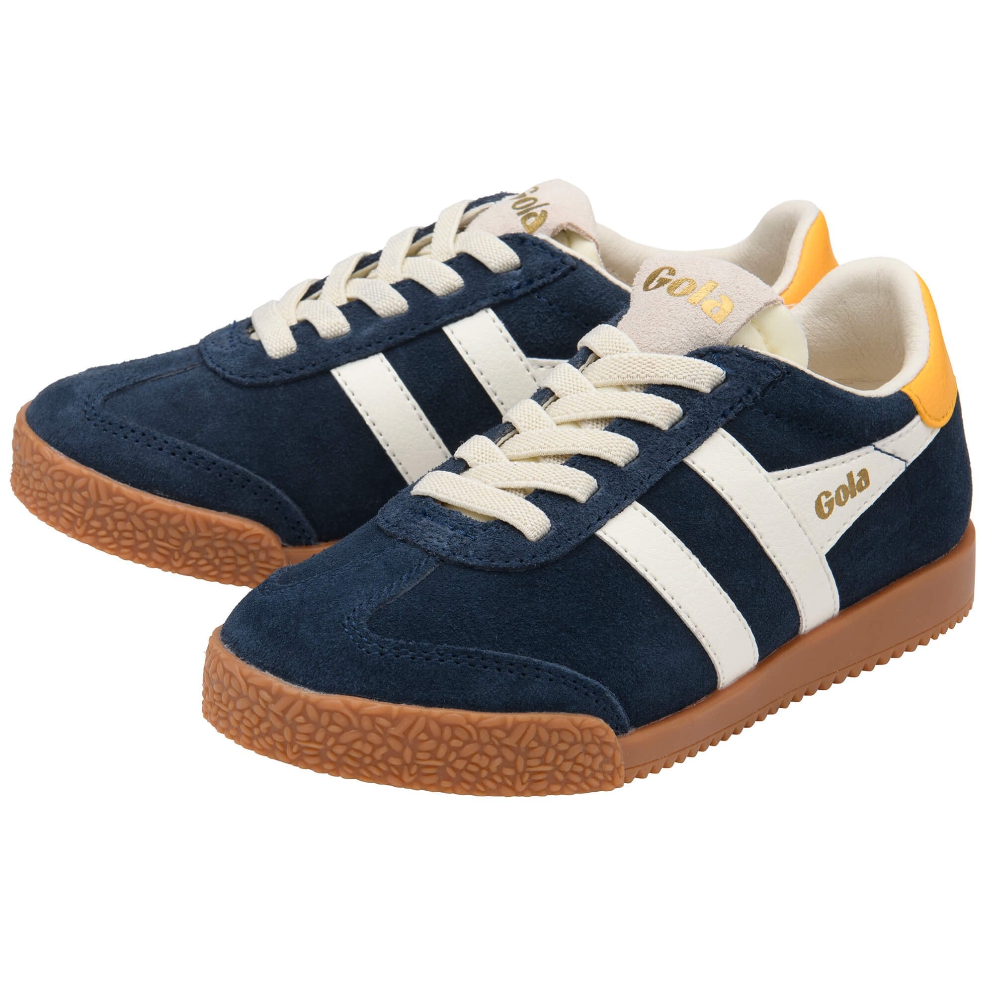 Navy blue Gola trainers with white stripes, yellow heel tabs and brown soles on a white background
