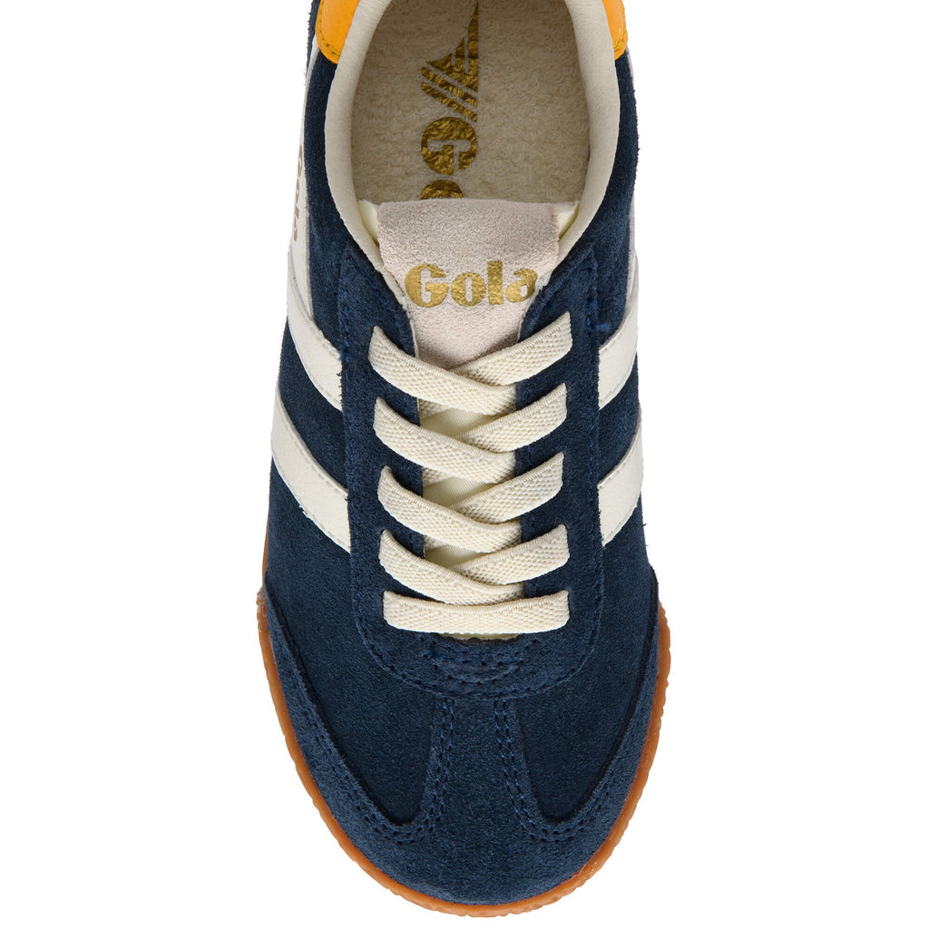 Navy blue Gola trainer with white stripes and yellow heel tab on a white background