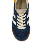 Navy blue Gola trainer with white stripes and yellow heel tab on a white background