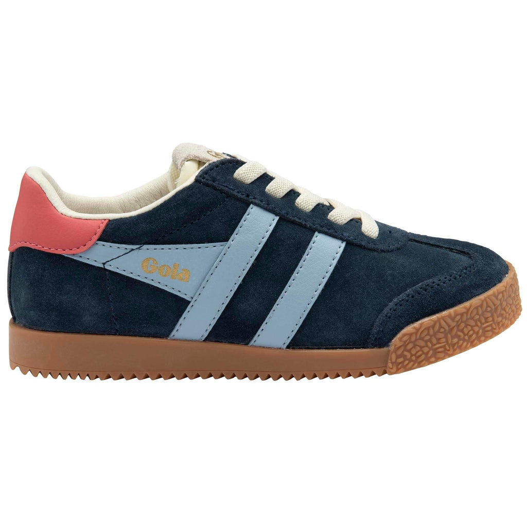 Navy blue Gola trainer with red heel and light blue stripes on a white background