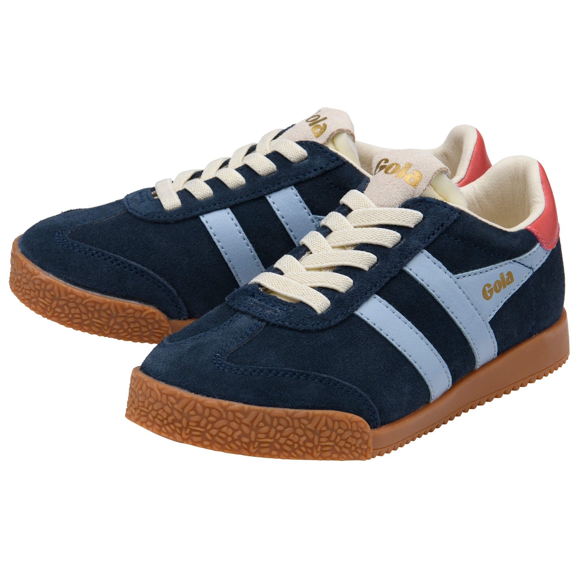Pair of navy blue suede Gola trainers with light blue stripes, cream laces, and a brown gum sole on a white background