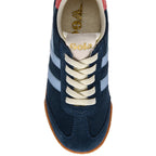 Navy blue Gola trainer with white laces and light blue stripes on a white background