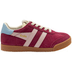Gola trainer in burgundy with light pink stripes and light blue heel tab on a white background