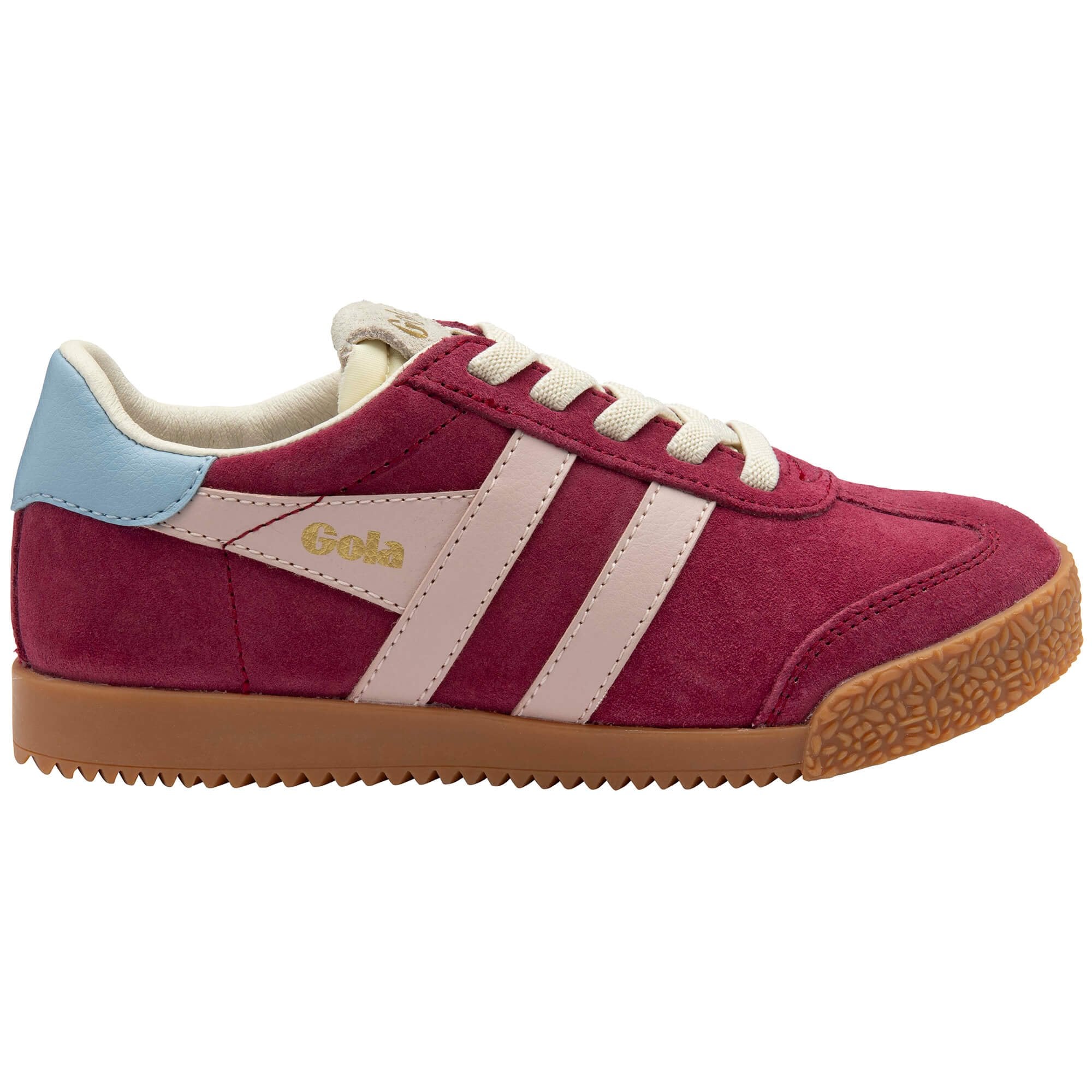 Gola trainer in burgundy with light pink stripes and light blue heel tab on a white background