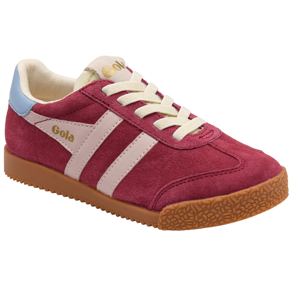 Red Gola trainer with white laces and pink accents on a white background