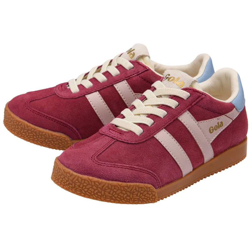 Red Gola trainers with white laces and pink accents on a white background