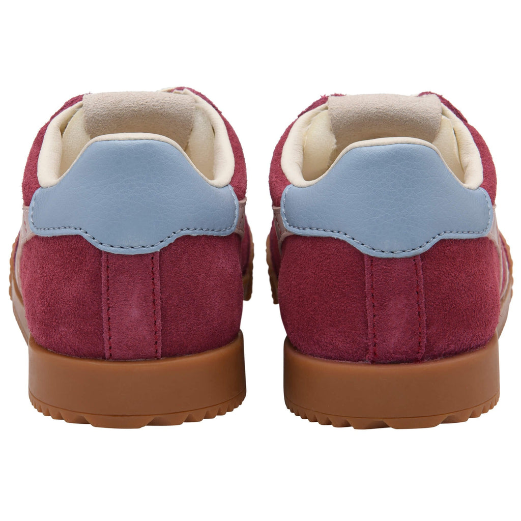 Pair of maroon children's Gola trainers with blue accents on a white background