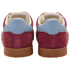 Pair of maroon children's Gola trainers with blue accents on a white background