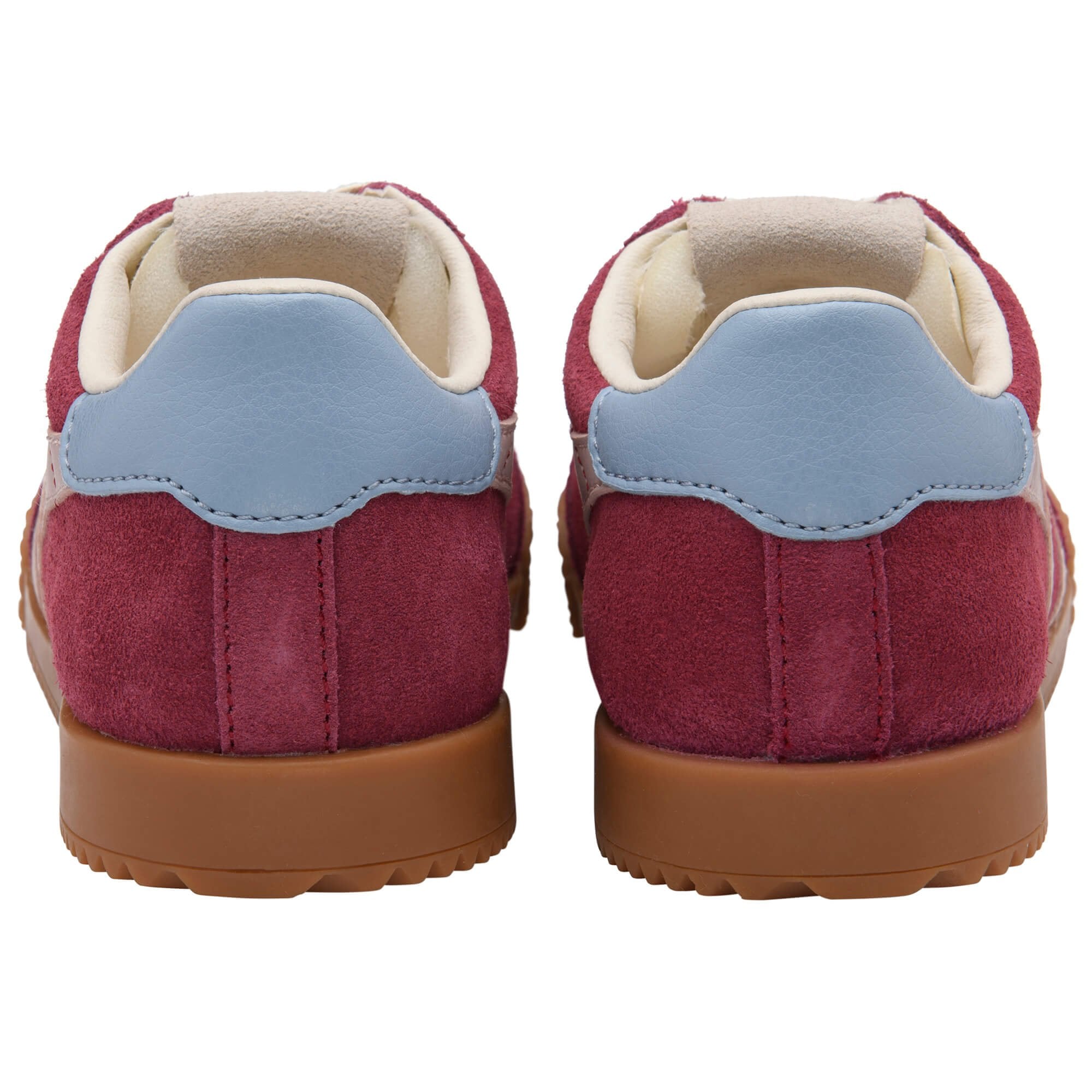 Pair of maroon children's Gola trainers with blue accents on a white background