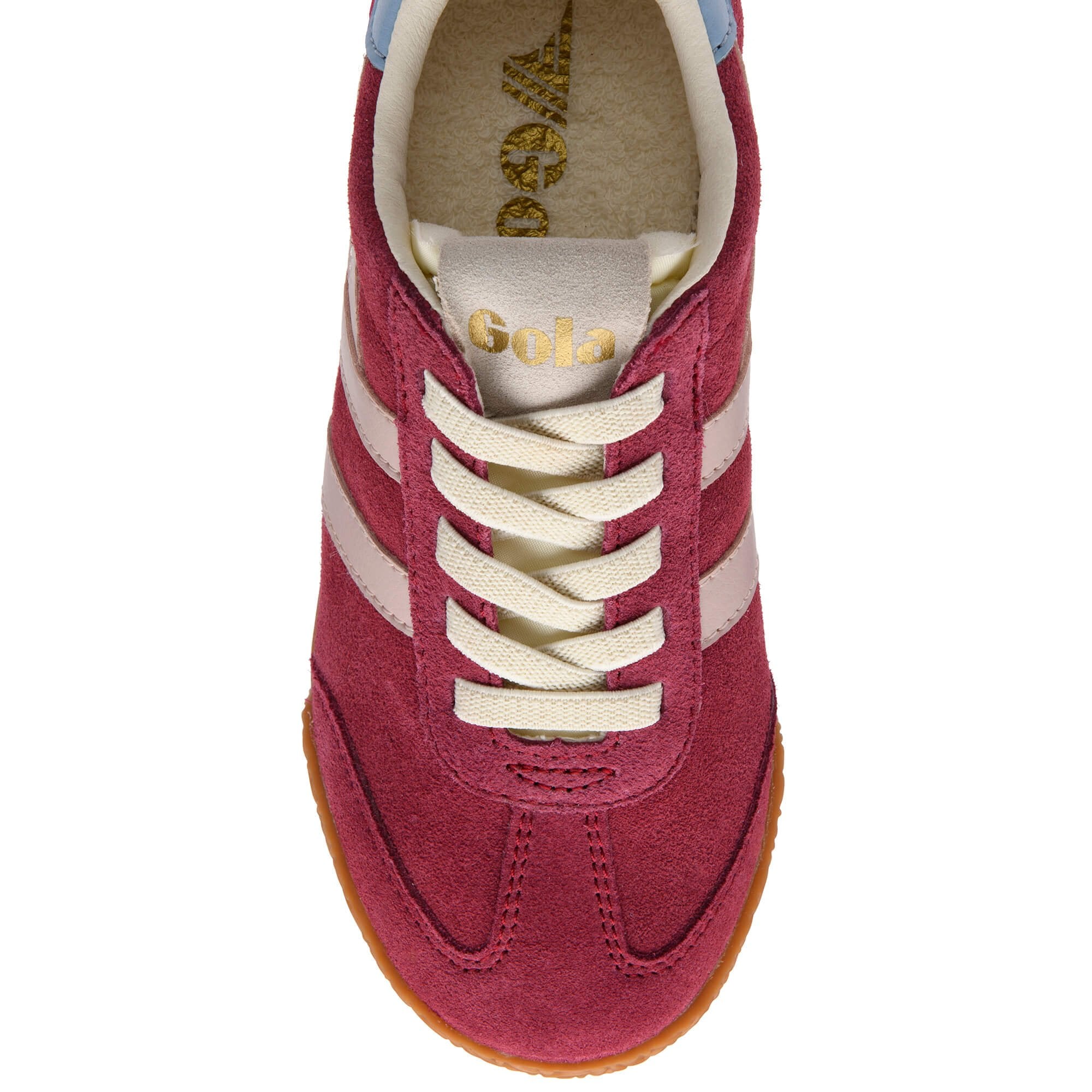 Top-down view of a Gola trainer in red suede with cream laces and stripes, and a gum sole on a white background