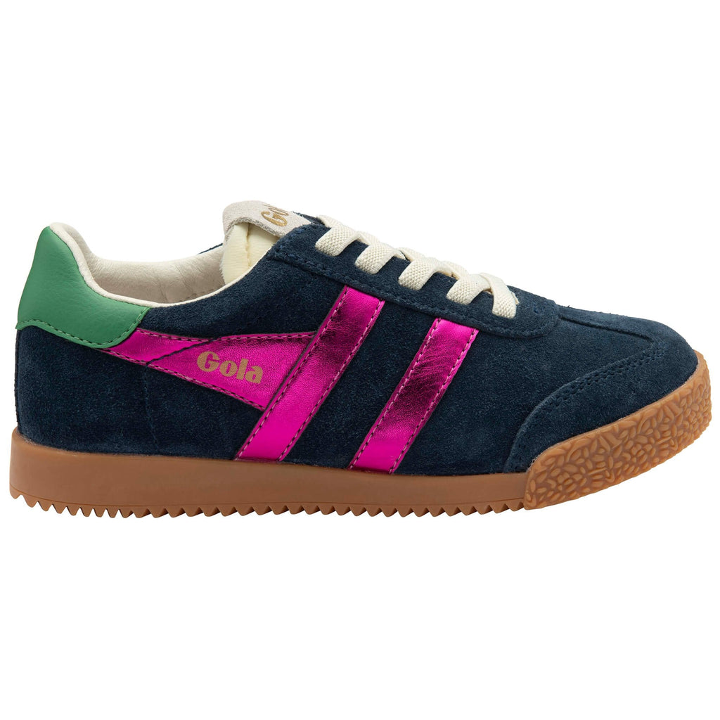 Navy suede Gola trainer with pink metallic stripes, green heel tab, white laces, and a brown sole on a white background