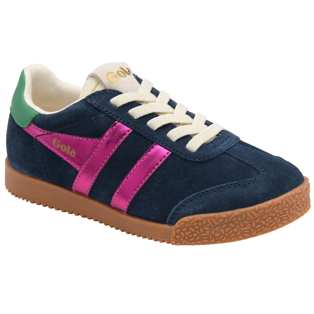Navy blue Gola trainers with pink stripes and brown sole on a white background