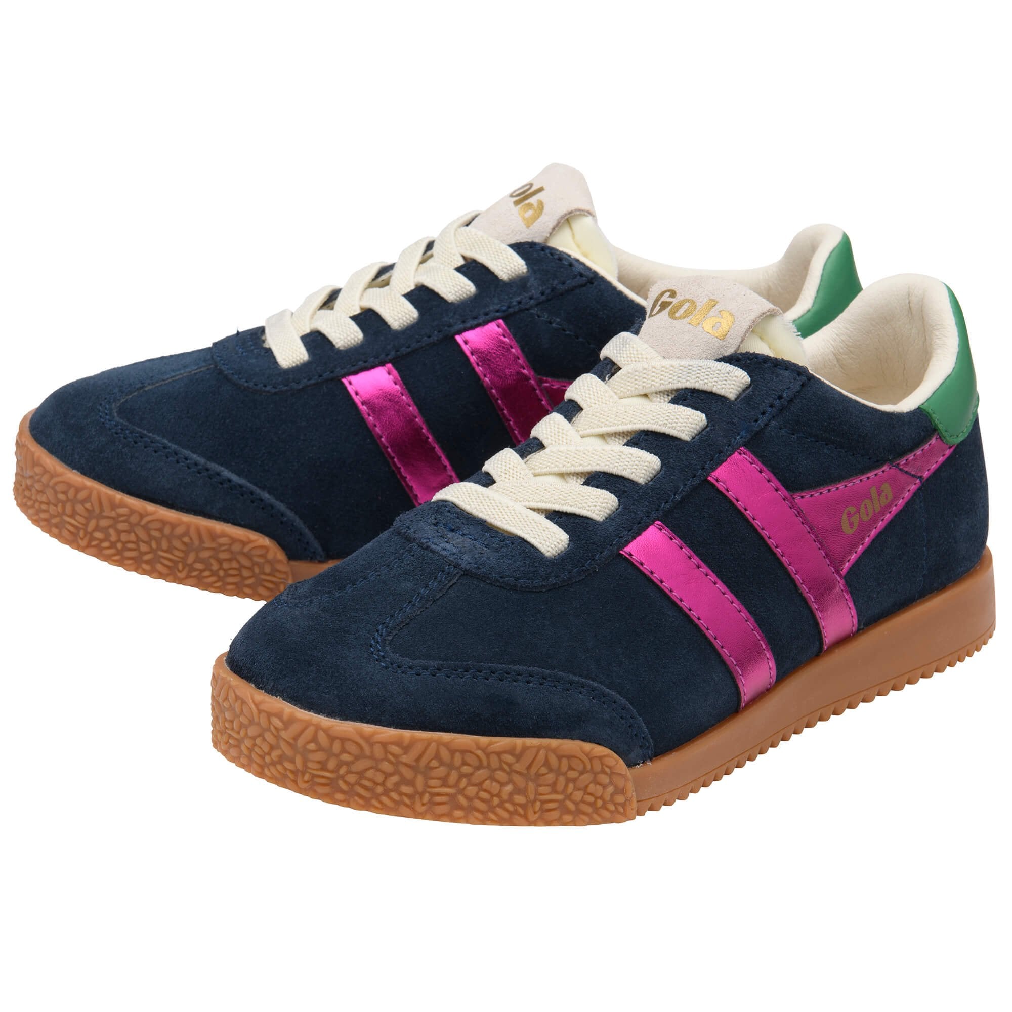 Navy blue Gola trainers with pink stripes and green heel tab on a white background