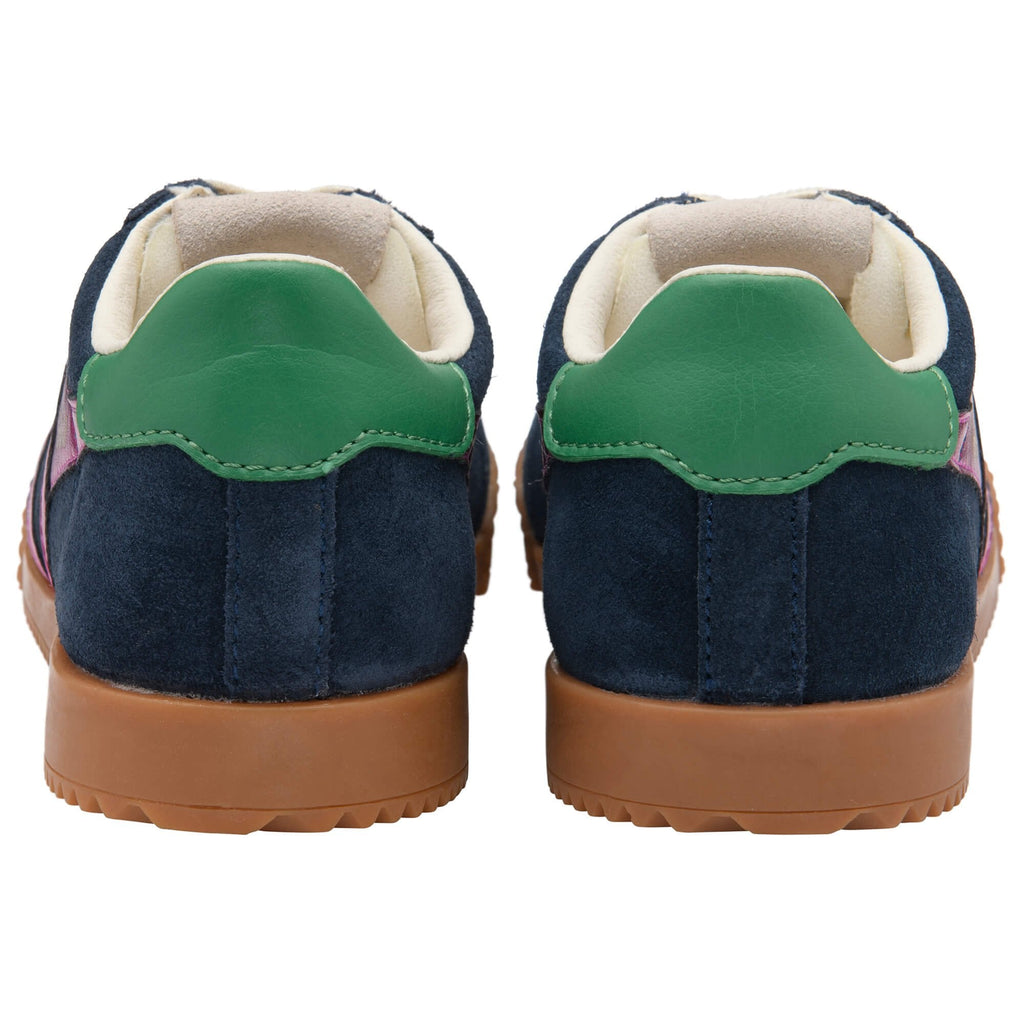 Navy blue Gola trainers with green accents on a white background