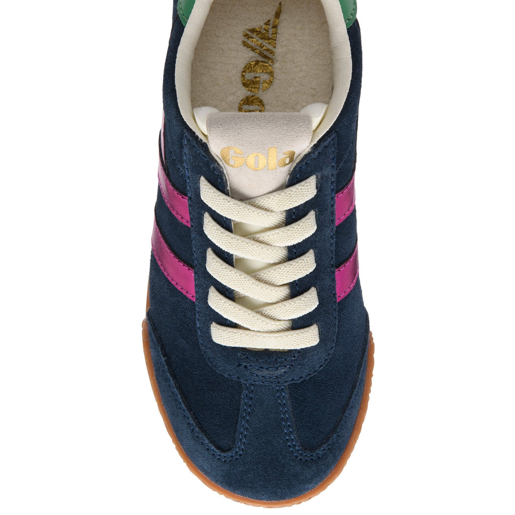 Navy blue Gola trainers with pink and white stripes on a white background