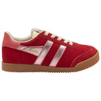 Red Gola trainer with white laces, pink metallic stripes and brown sole on a white background