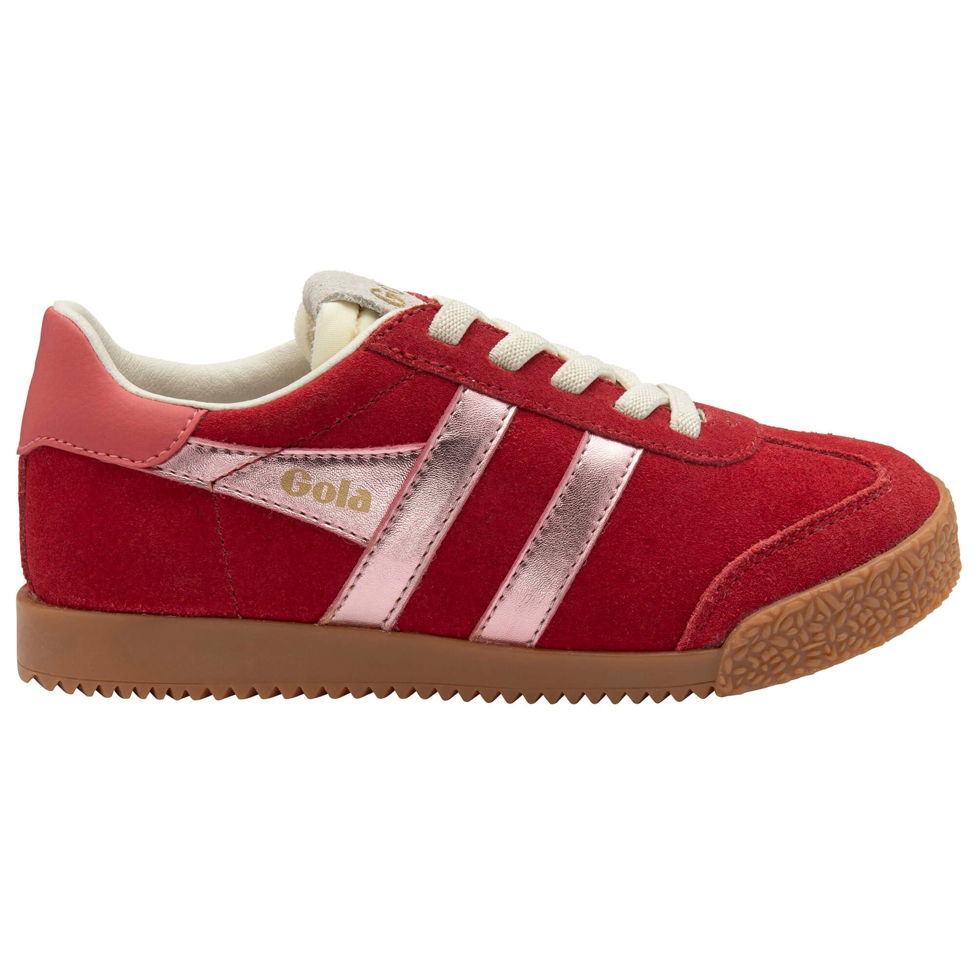 Red Gola trainer with white laces, pink metallic stripes and brown sole on a white background