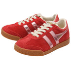 Red Gola trainers with white laces and brown soles on a white background