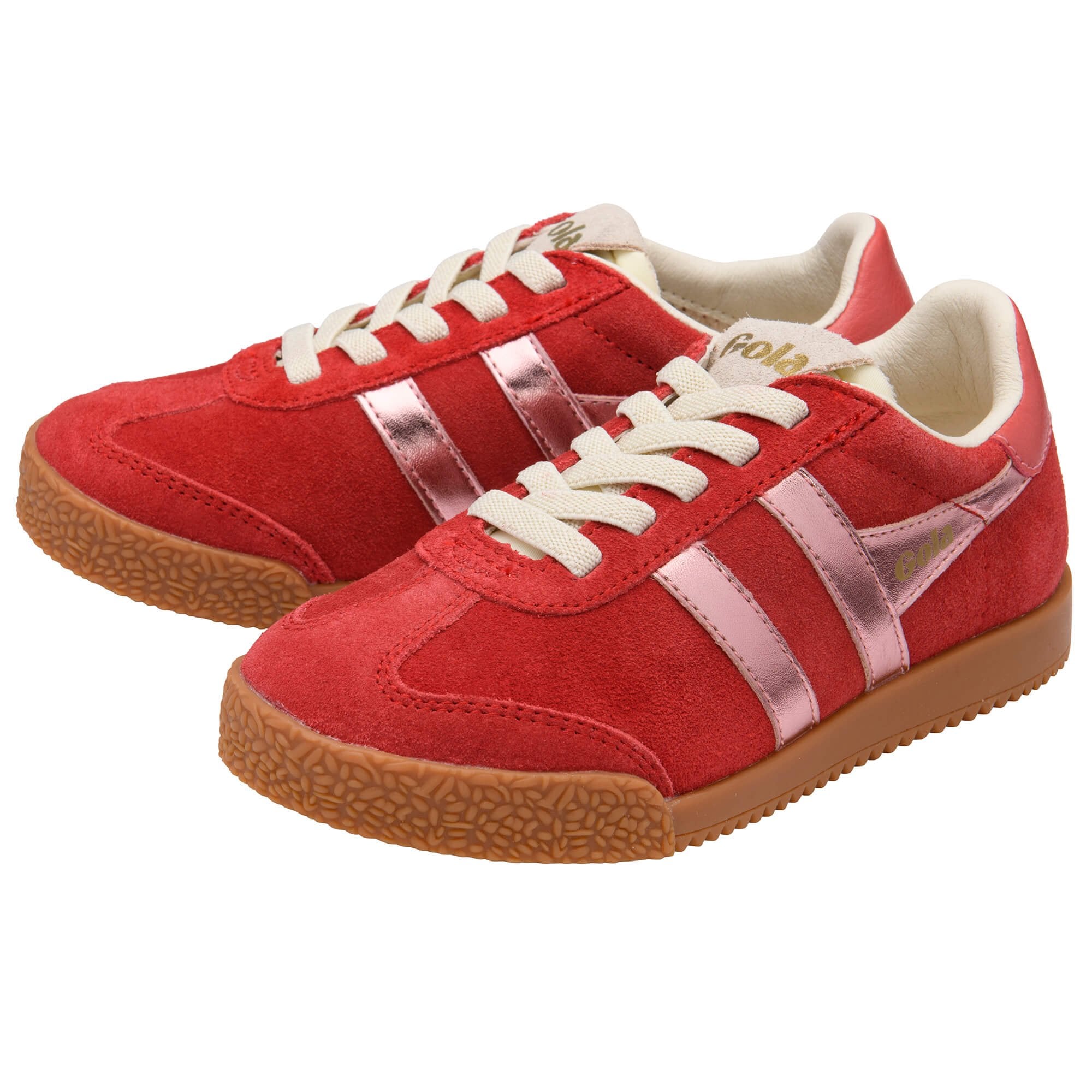 Red Gola trainers with white laces and brown soles on a white background