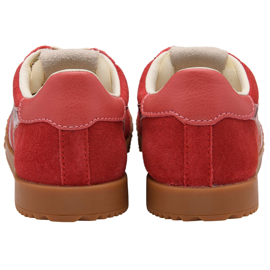 Pair of red Gola trainers with brown soles on a white background