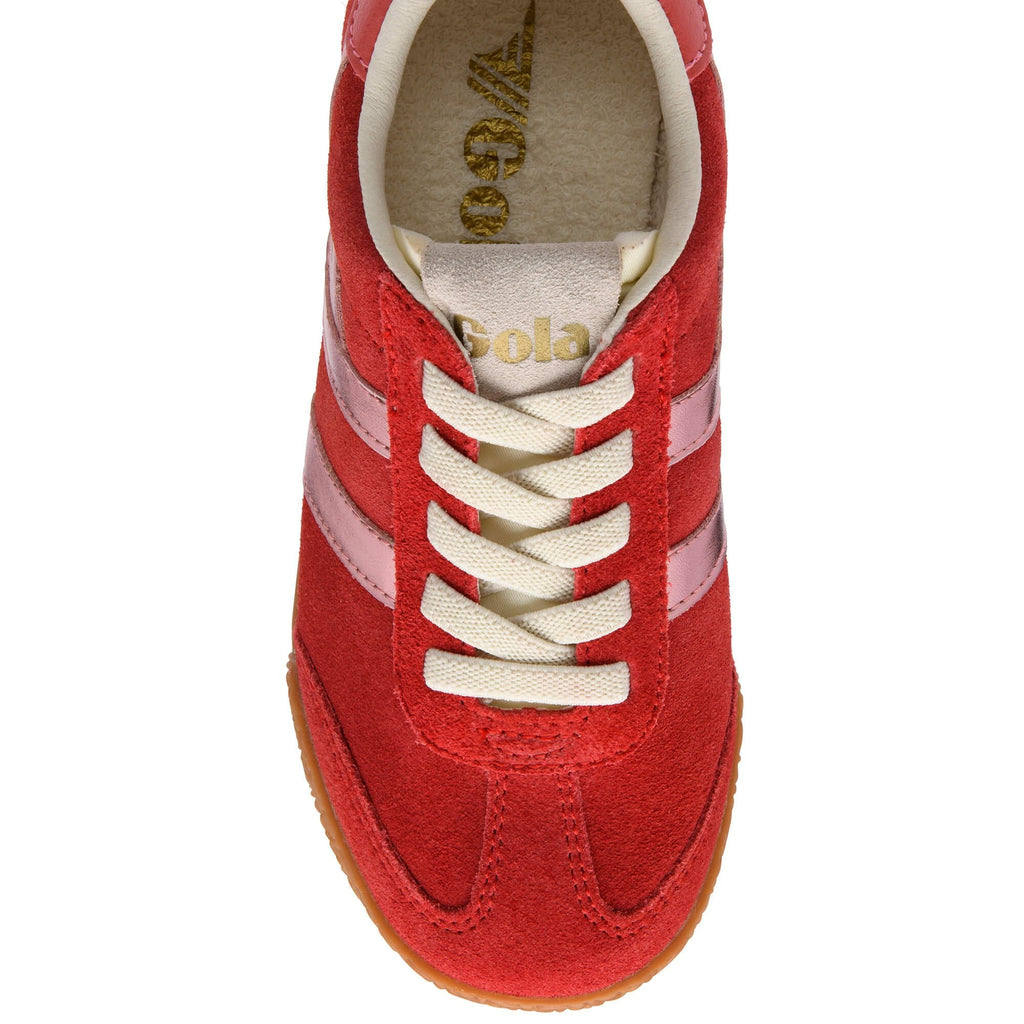 Red Gola trainer with pink stripes and white laces on a white background