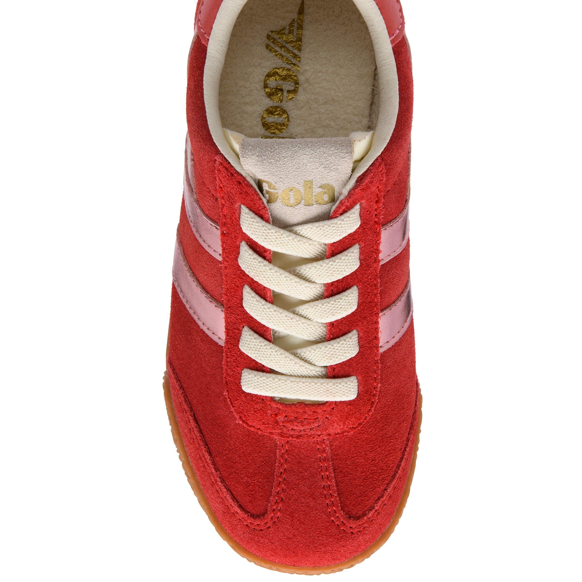 Red Gola trainer with pink stripes and white laces on a white background