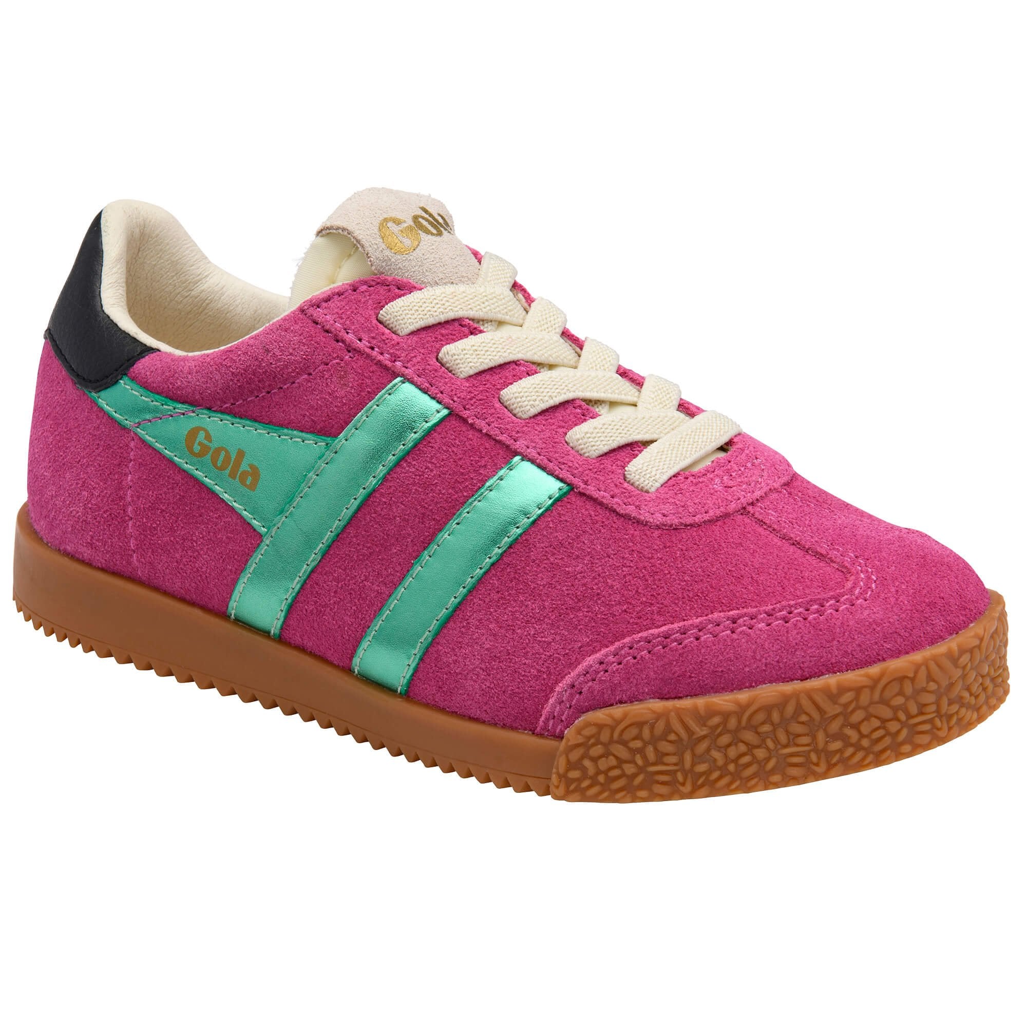 Gola women's trainer in pink suede with green metallic stripes, black heel tab, and gum sole