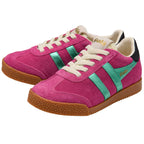Pair of Gola Elan sneakers in pink suede with green stripes and gum sole