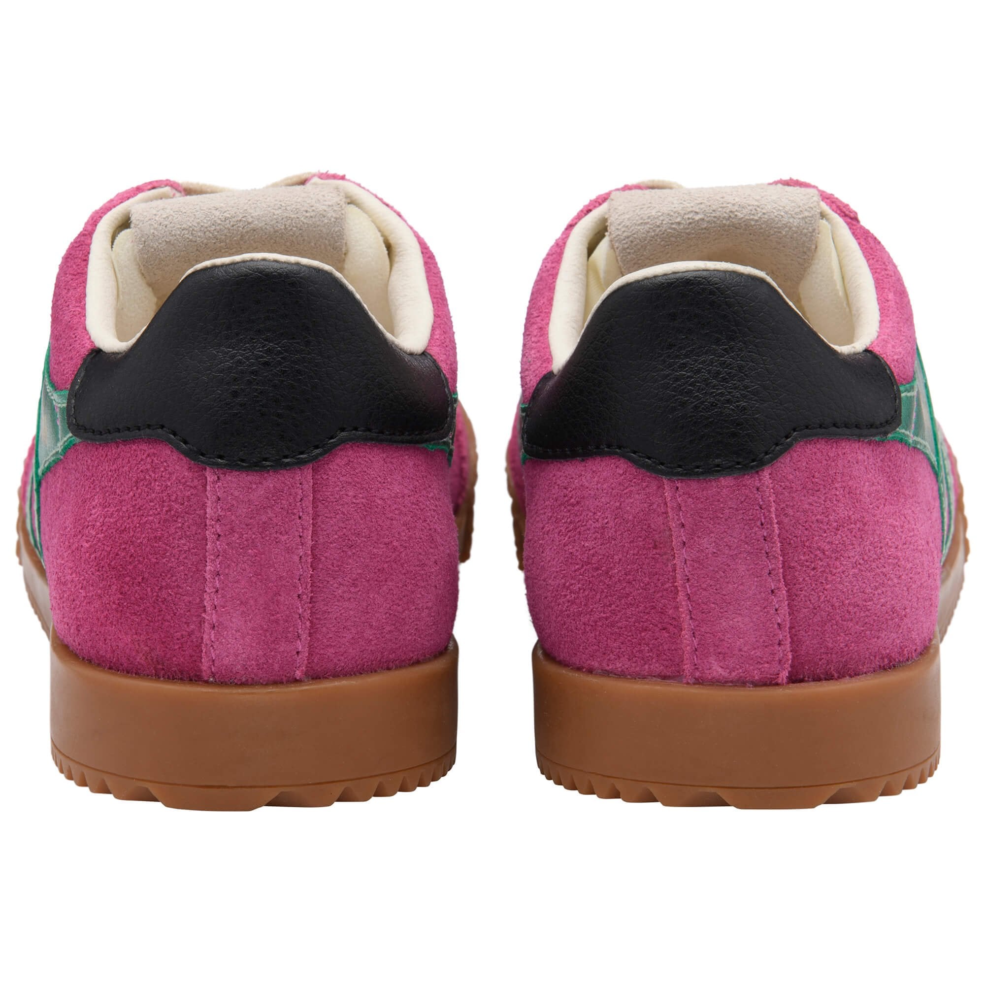 Pink Gola trainer with a brown sole on a white background