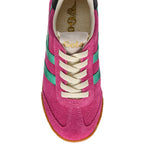 Pink Gola trainer with green stripes and white laces on a white background