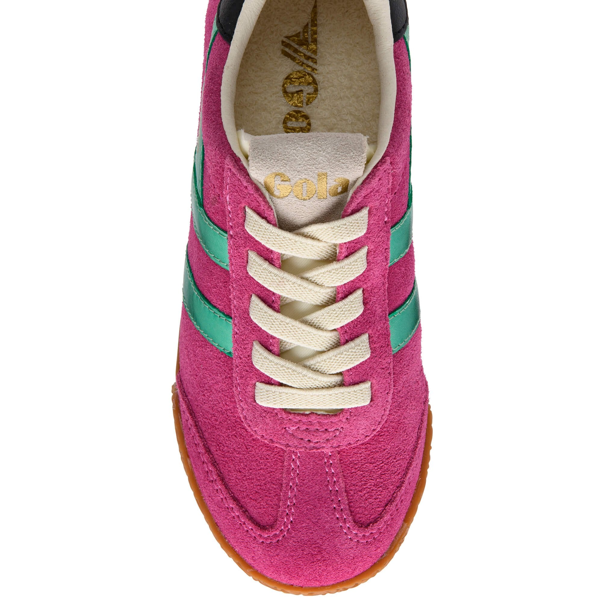 Pink Gola trainer with green stripes and white laces on a white background