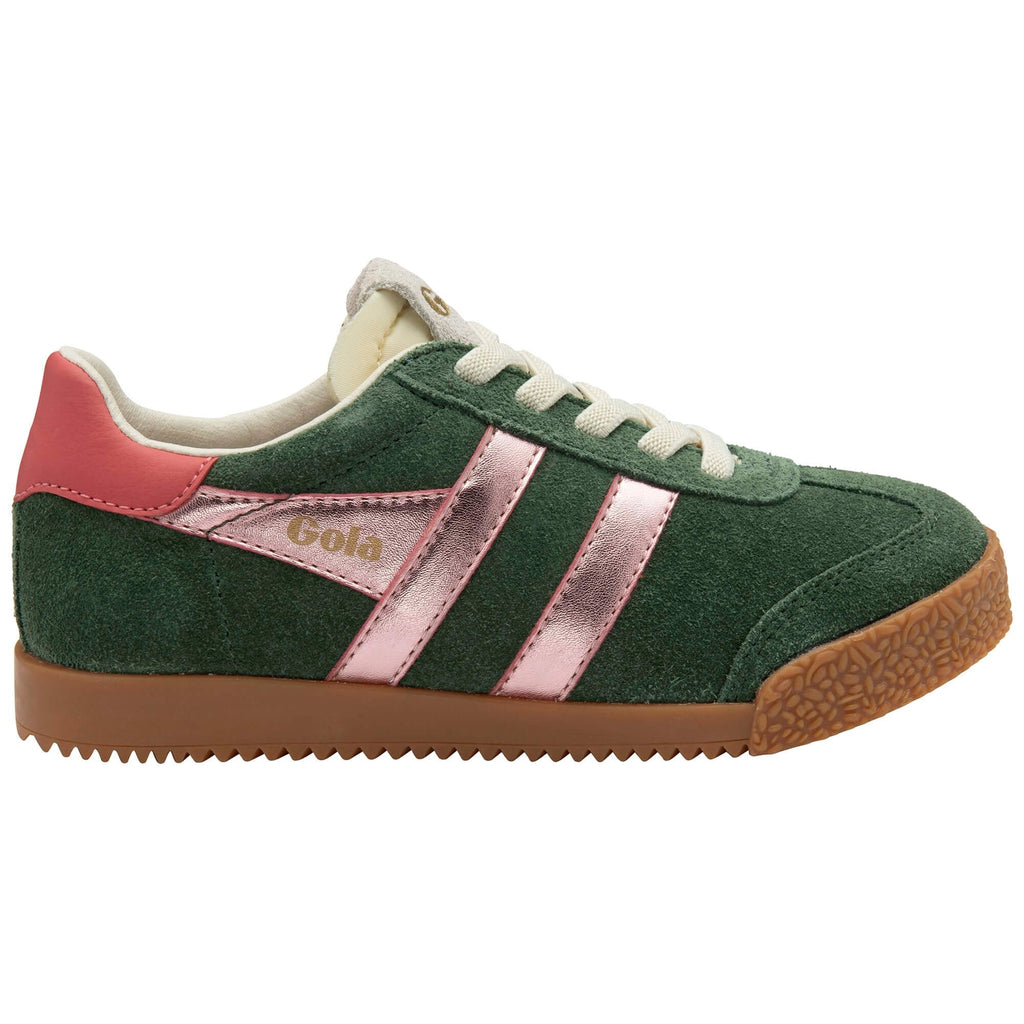 Green Gola trainer with pink accents on a white background