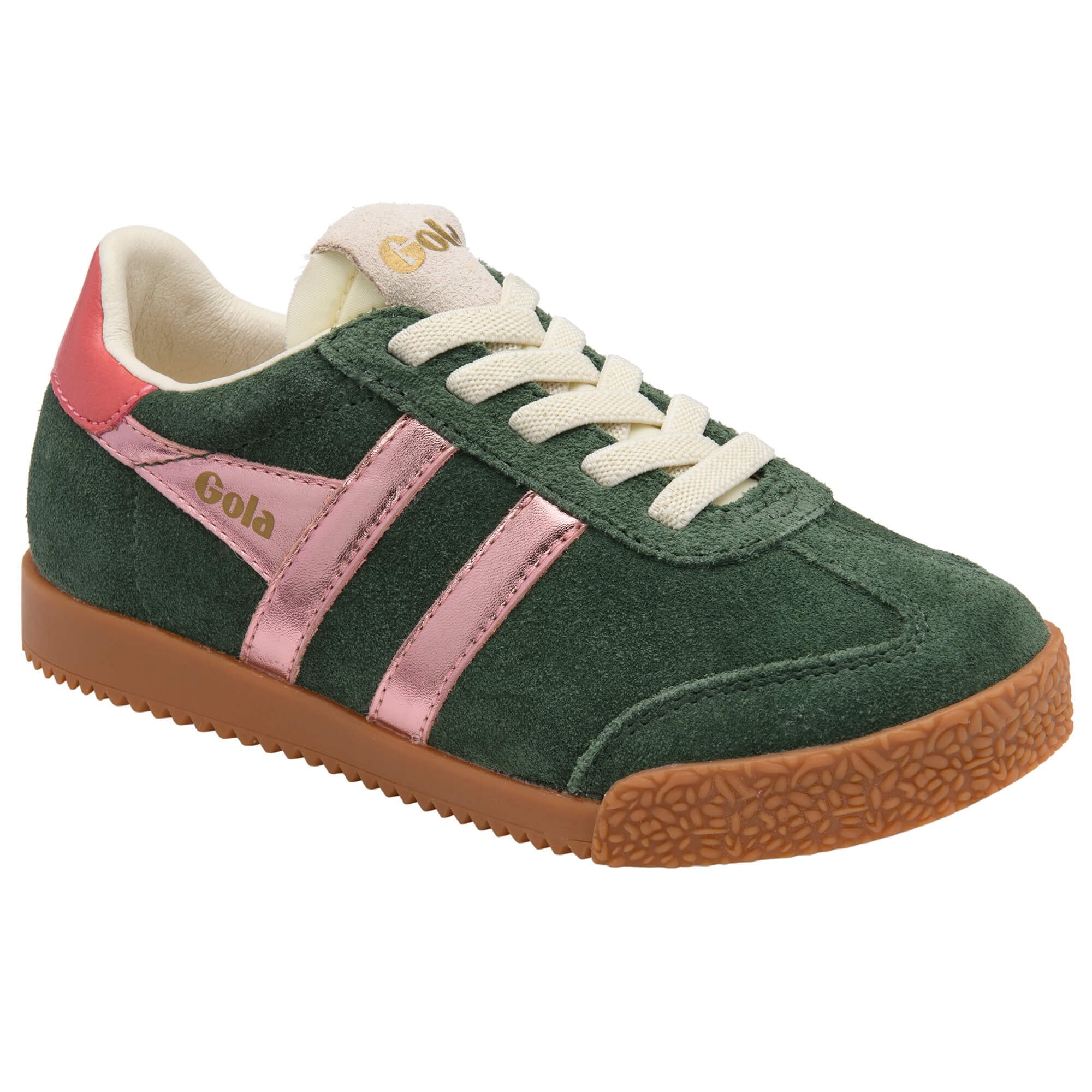 Green Gola trainer with pink accents on a white background