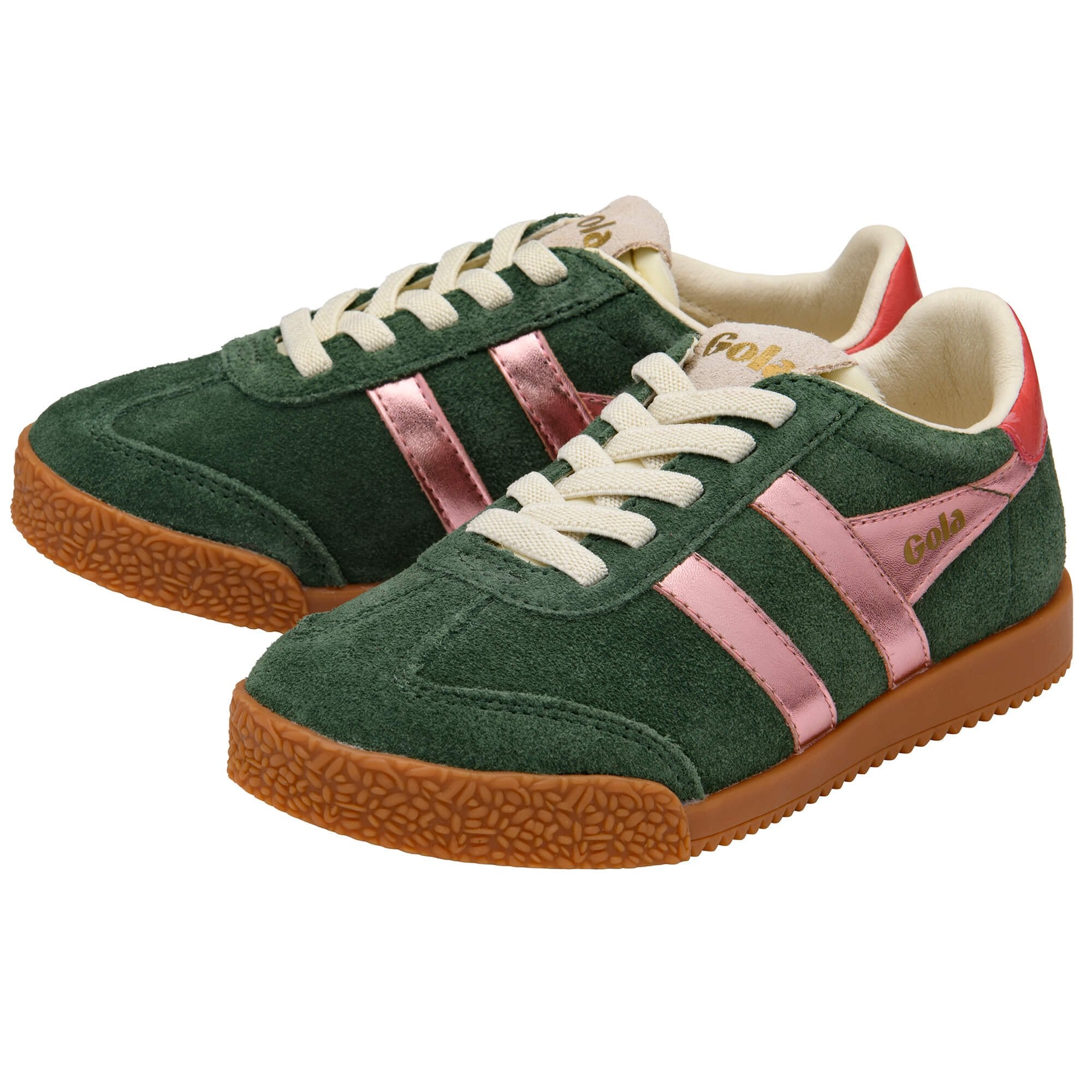 Pair of Gola trainers in green suede with pink metallic stripes and white laces on a white background