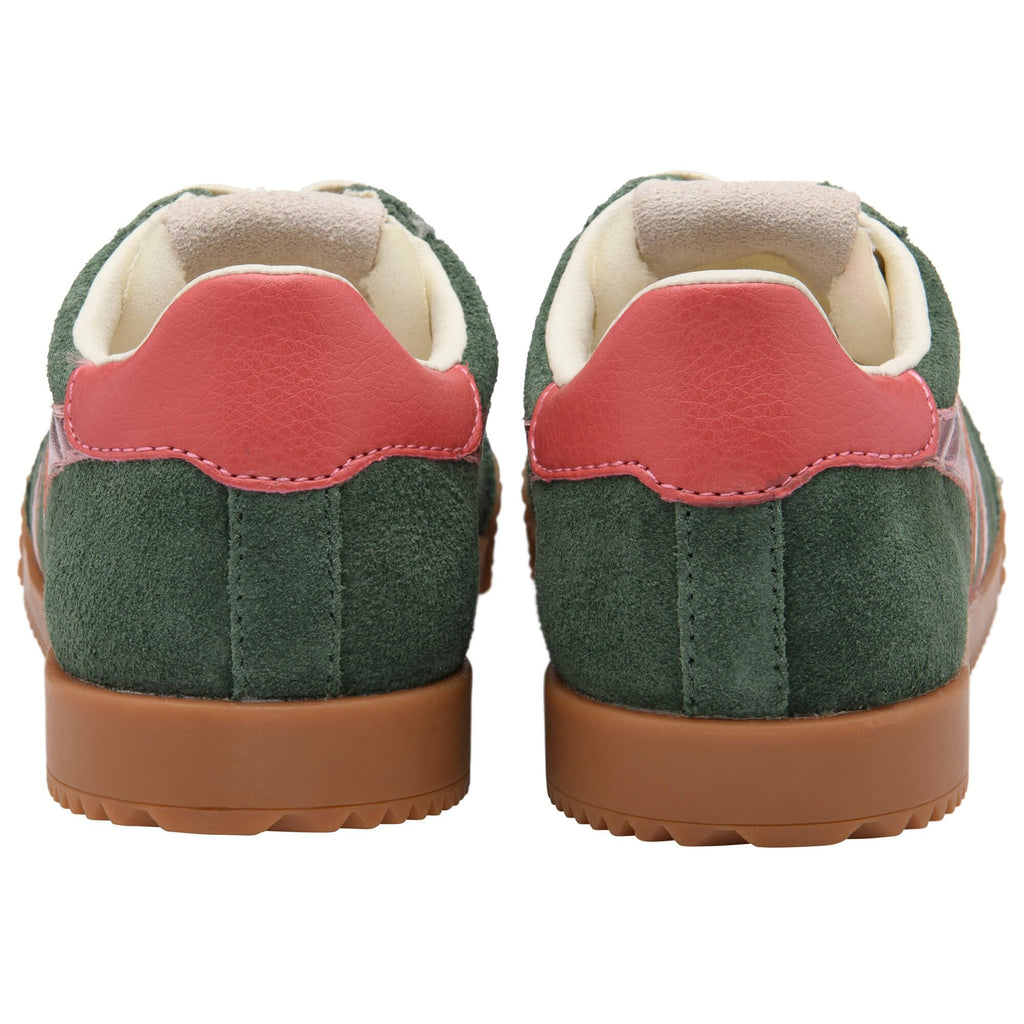 Green Gola trainers with red heel tab and brown soles on a white background