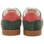Green Gola trainers with red heel tab and brown soles on a white background