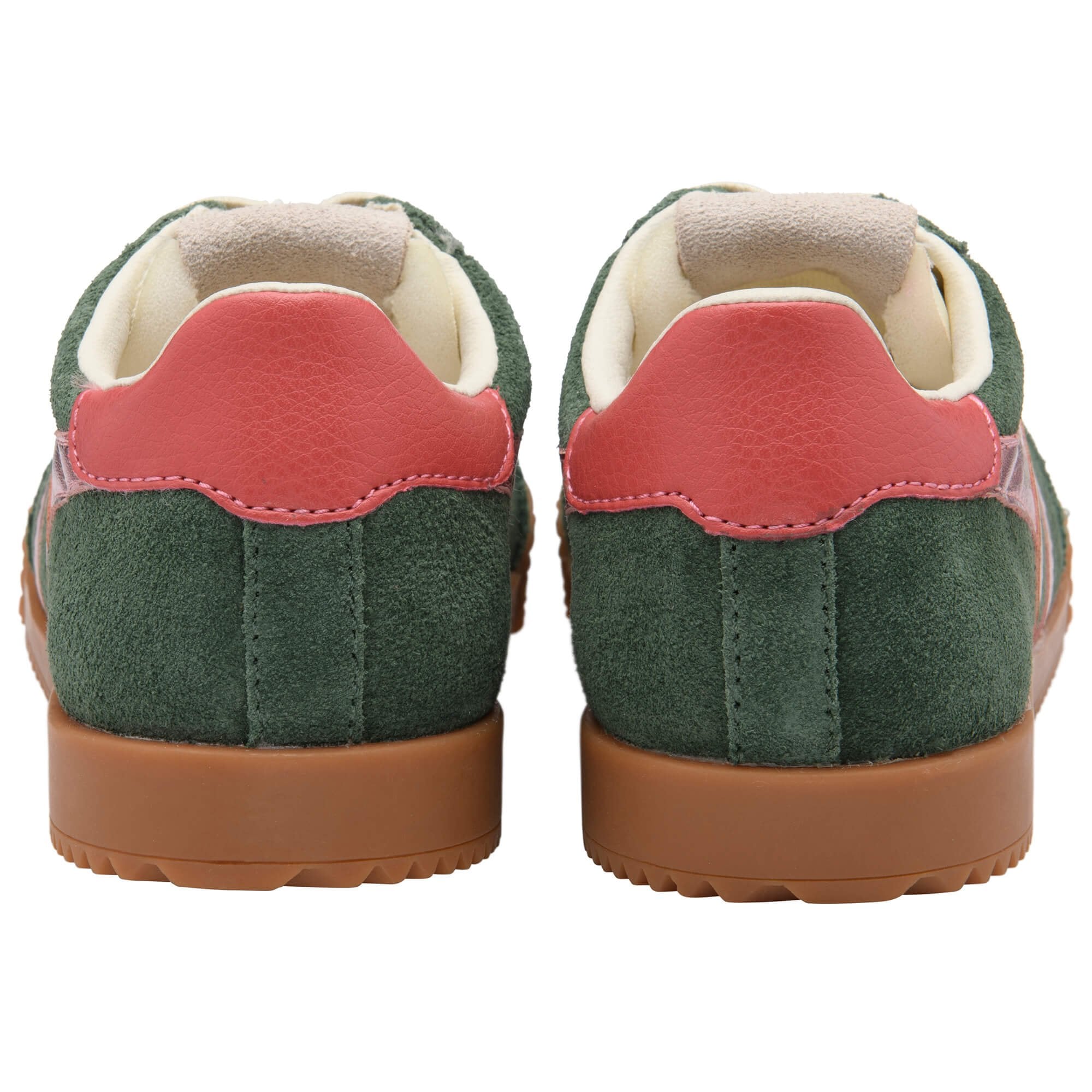 Green Gola trainers with red heel tab and brown soles on a white background