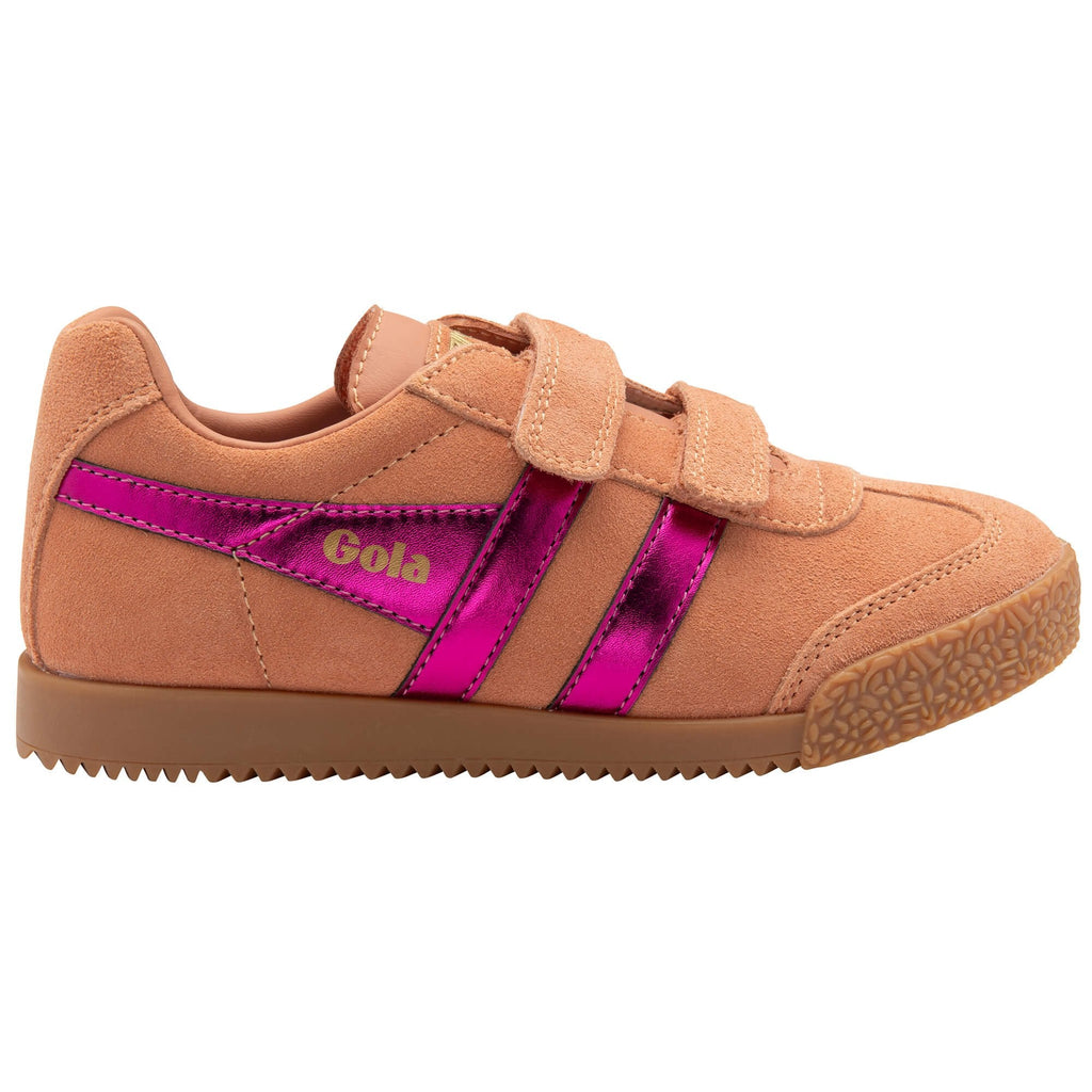 Peach suede Gola trainer with pink metallic stripes on a white background