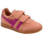 Pink children's Gola trainer with purple stripes on a white background