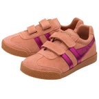 Pair of pink Gola trainers with purple straps on a white background