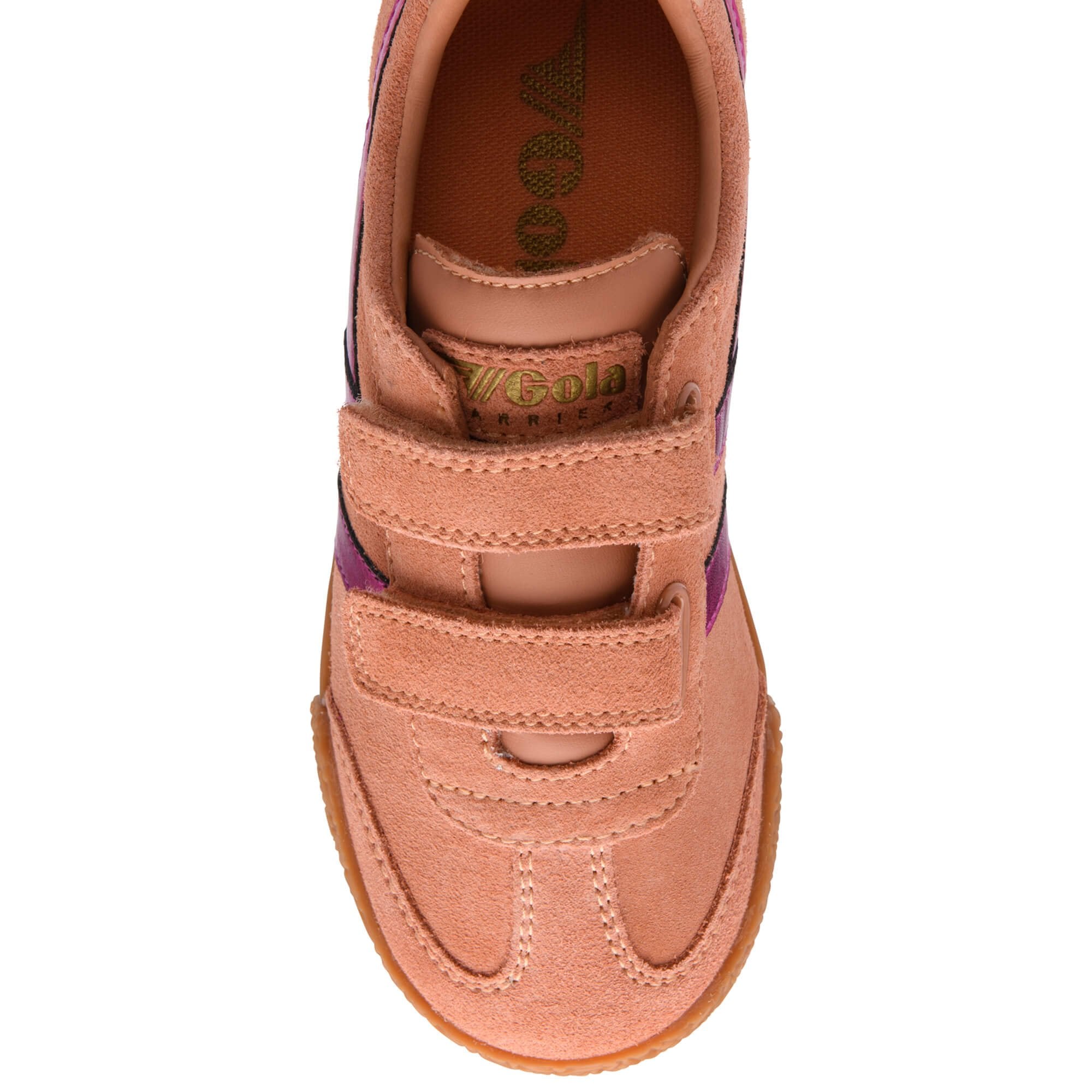 Pink children's Gola trainer with velcro straps on a white background