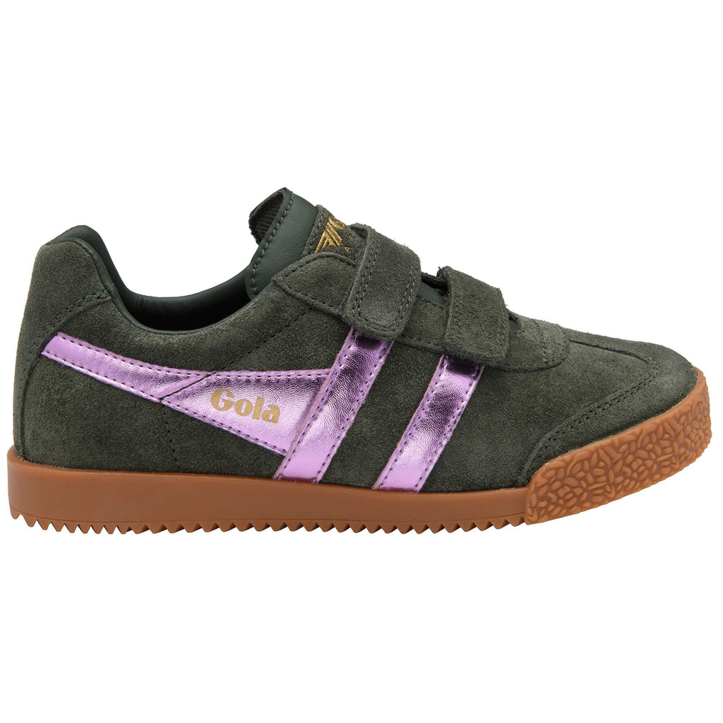 Green children's Gola trainer with purple stripe and brown sole on a white background