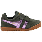 Green children's Gola trainer with purple stripe and brown sole on a white background