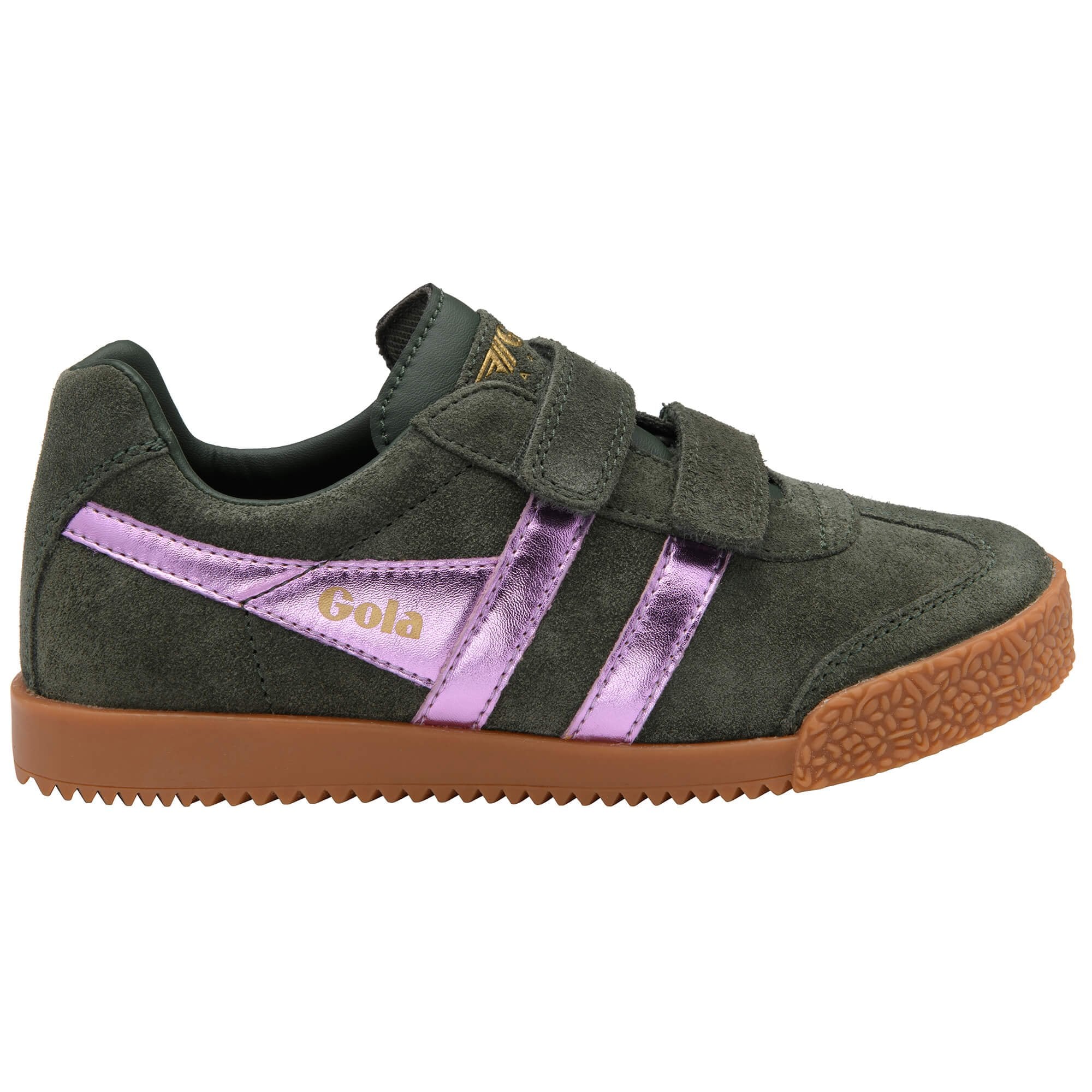 Green children's Gola trainer with purple stripe and brown sole on a white background