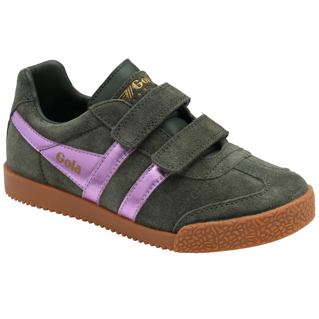 Green children's Gola trainer with purple accents and brown sole on a white background
